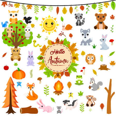 Big autumn set with cute animalsのイラスト素材