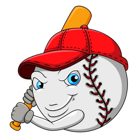 Cartoon baseball hits the ball with a swinging stick, with a serious facial expressionのイラスト素材