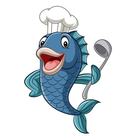 Cartoon chef fish holding a soup ladleのイラスト素材