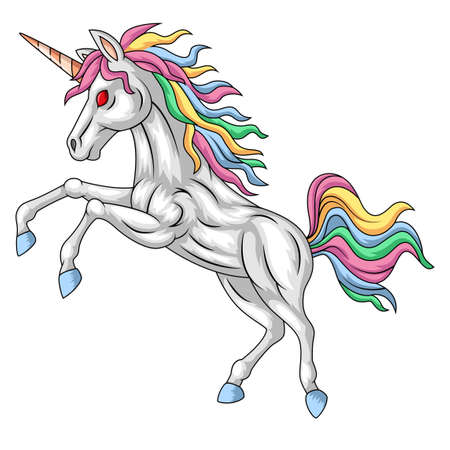 Cartoon white unicorn standing with a mane rainbowのイラスト素材