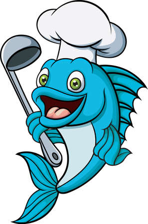 Cartoon chef fish holding a soup ladleのイラスト素材