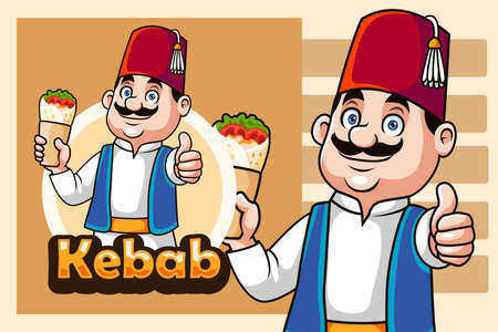 Cartoon turkish man holding doner kebab giving thumb upのイラスト素材