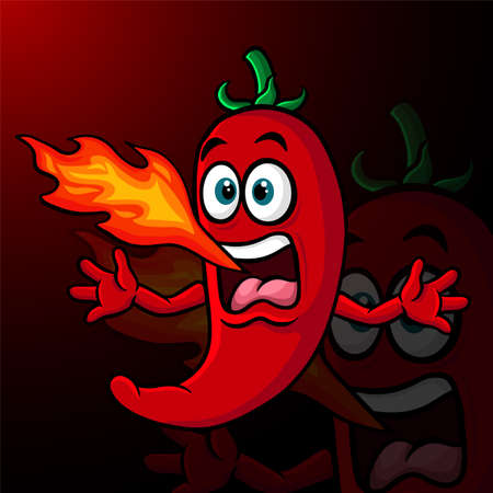 Cartoon chili pepper mascot breathing fireのイラスト素材