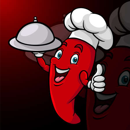 Cartoon chili pepper chef holding platter and giving thumbs upのイラスト素材