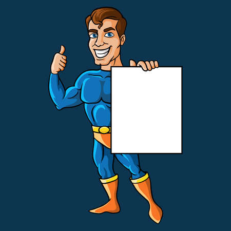 Cute superhero cartoon with blank sign and giving thumb upのイラスト素材