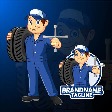 Cartoon car mechanic man carrying a tire with spannerのイラスト素材