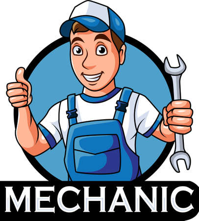 Cartoon mechanic mascot holding a spannerのイラスト素材
