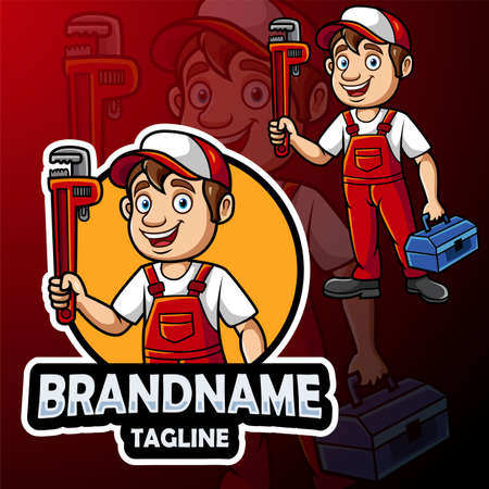 Cartoon plumber mascot design with big wrenchのイラスト素材