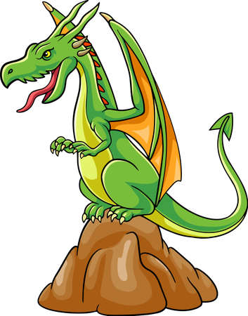 Cartoon green dragon standing on the rockのイラスト素材