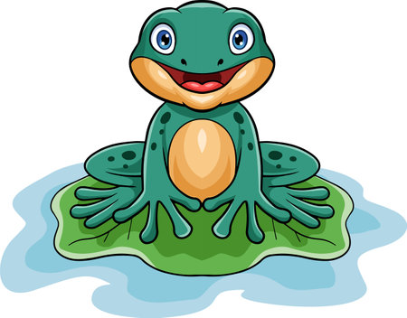 Cute green frog cartoon sitting on a leafのイラスト素材