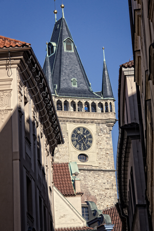 Prague old tower with clock in the sunny morningの写真素材