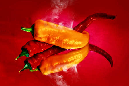 Reflection of red and yellow pepperの写真素材