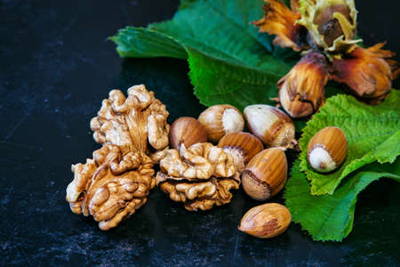 Autumn nuts on the metal black background - selective focusの写真素材
