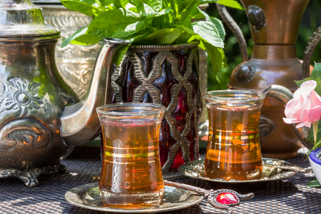 Arabian mint tea served in the summer gardenの写真素材