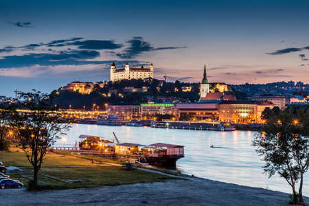 Evening view of Bratislava, the capital city of Slovakia. Presidency of the Council of the European Union - Slovakia (JulâDec 2016)のeditorial素材