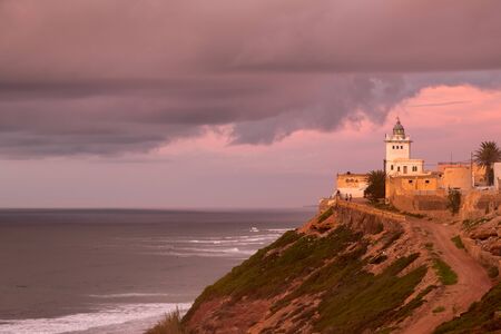 Lighthouse on the coast of Sidi Ifni, southwestern Morocco, Atlantic oceanの写真素材