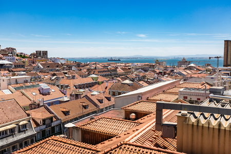 Aerial view of the red roofs of Alfama, the historic area of Lisbon, Portugal. Lisbon is colorful, friendly and very attractive.のeditorial素材