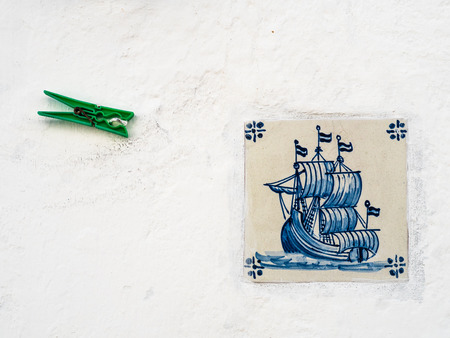 Typical traditional ceramic tiles "azulejos" from the Algarve on the southern coast of Portugalの写真素材