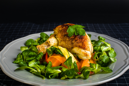 Chicken Supreme on vegetable pappardelle with corn saladの写真素材