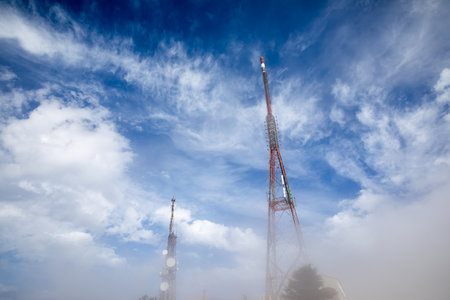 Construction of the transmitter tower on Mount Pantokrator, island of Corfu, Greeceの写真素材