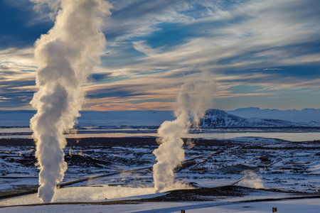First snow and frost in Myvatn Geothermal Area in north-east Icelandの写真素材