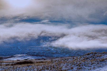 Autumn landscape and the first snow around Lake Ljosavatn in northern Icelandの写真素材