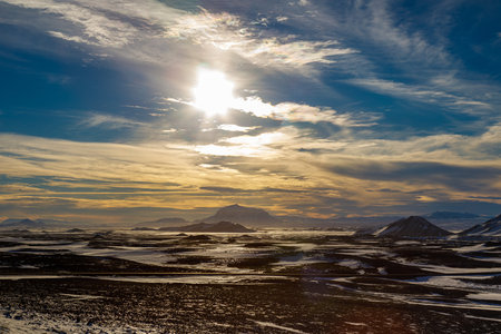 Sunset and autumn's first snow in the mountains of north-east Iceland