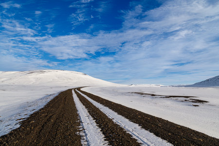 First snow in the mountains of north-east Icelandの写真素材
