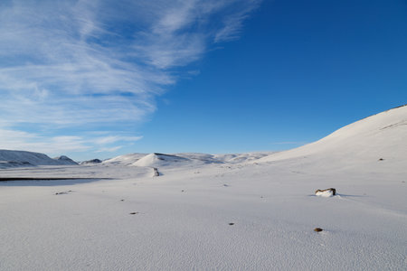 First snow in the mountains of north-east Icelandの写真素材