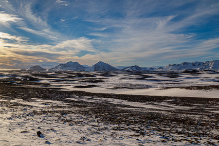 Sunset and autumn's first snow in the mountains of north-east Icelandの写真素材