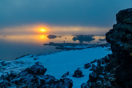 Autumn nooks and crannies with the first snow on Lake Myvatn in northern Iceland