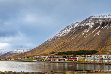 The small town of Isafjardarbaer in the Isafjardardjup fjord in North Icelandの写真素材