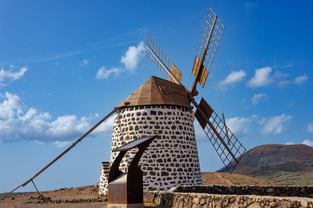 Reconstructed old mills near the village of Villaverde on the island of Fuerteventura in the Canary Islandsの写真素材