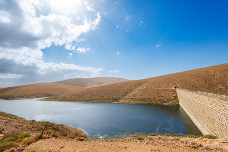 Emblase de los Molinos water reservoir in the center of the island of Fuerteventura in the Canary Islandsの写真素材