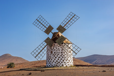 Reconstructed old mills near the village of Villaverde on the island of Fuerteventura in the Canary Islandsの写真素材