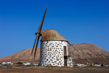 Reconstructed old mills near the village of Villaverde on the island of Fuerteventura in the Canary Islandsの写真素材