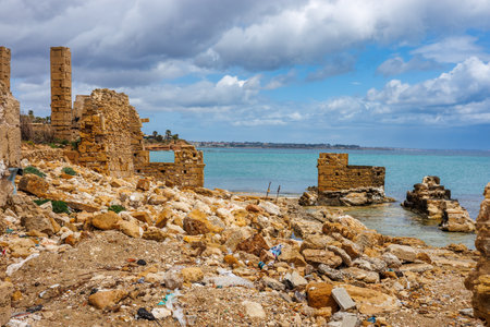 The ruins of Antica Tonnara in Marina di Avola in the district of Syracuse on the island of Sicily, Italyの写真素材