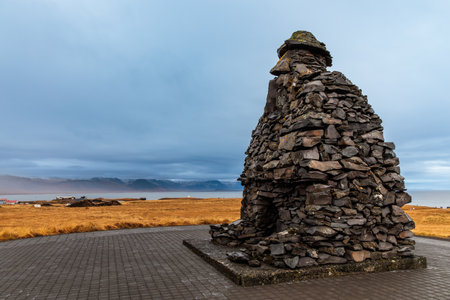 Bardur Snaefellsas Statue at Arnarstapi on Snaefellsnes Peninsula in Iceland in the North Atlanticの写真素材