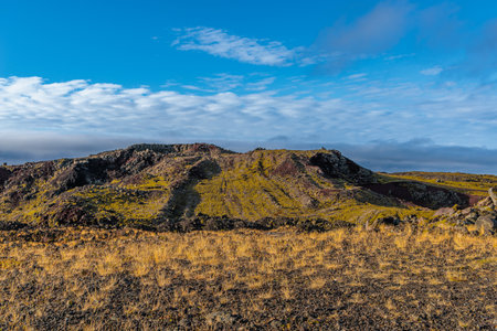 Typical Icelandic autumn landscape around Grindavik. Iceland an island of ice and fire in the North Atlantic.の写真素材