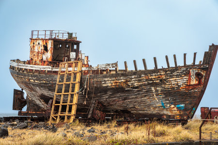 The wreck of an old fishing boat in the west of Iceland in the North Atlanticの写真素材