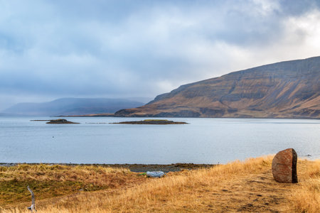 Autumnal atmosphere of the landscape near Hvammsvik on the west coast of Icelandの写真素材