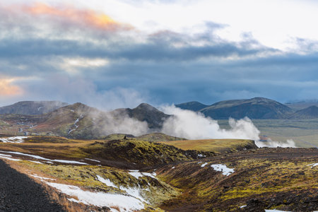 The ubiquitous geothermal energy at Hverahlid Hot Springs in southern Iceland. A unique island in the North Atlantic.の写真素材