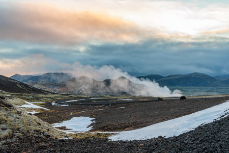 The ubiquitous geothermal energy at Hverahlid Hot Springs in southern Iceland. A unique island in the North Atlantic.の写真素材