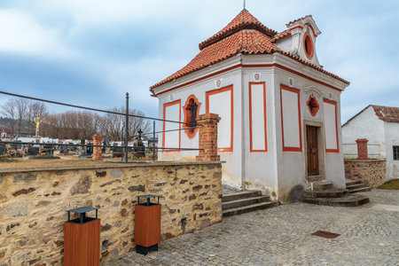 Church of the Three Saints and parish in the village of Kajov in the South Bohemian Region, Czech Republic, Europeの写真素材