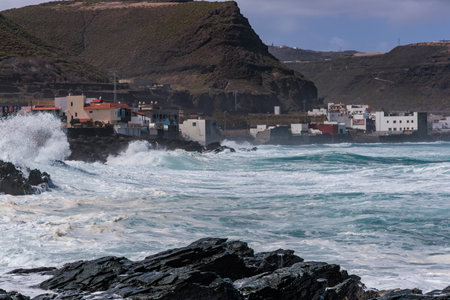 Stormy surf near the town of Banaderos, Gran Canaria, Canary Islands, Spainの写真素材