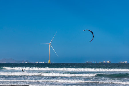 Kitesurfing at Playa de La Laja near Las Palmas, Gran Canaria, Canary Islands, Spain