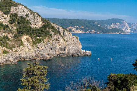 View of the Lakones area on the island of Corfu in the Ionian Sea, Greeceの写真素材