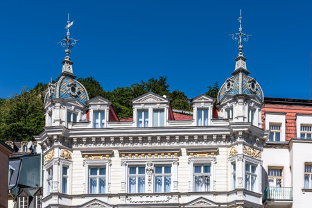 Summer walk through the spa center of the famous Karlovy Vary (Carlsbad) in the Czech Republic, Europeの写真素材