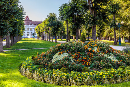 Summer walk through the spa center of the famous Karlovy Vary (Carlsbad) in the Czech Republic, Europeの写真素材