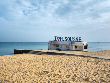 A peaceful winter day in Sousse, Tunisia, where empty beaches and sun-drenched restaurant terraces...